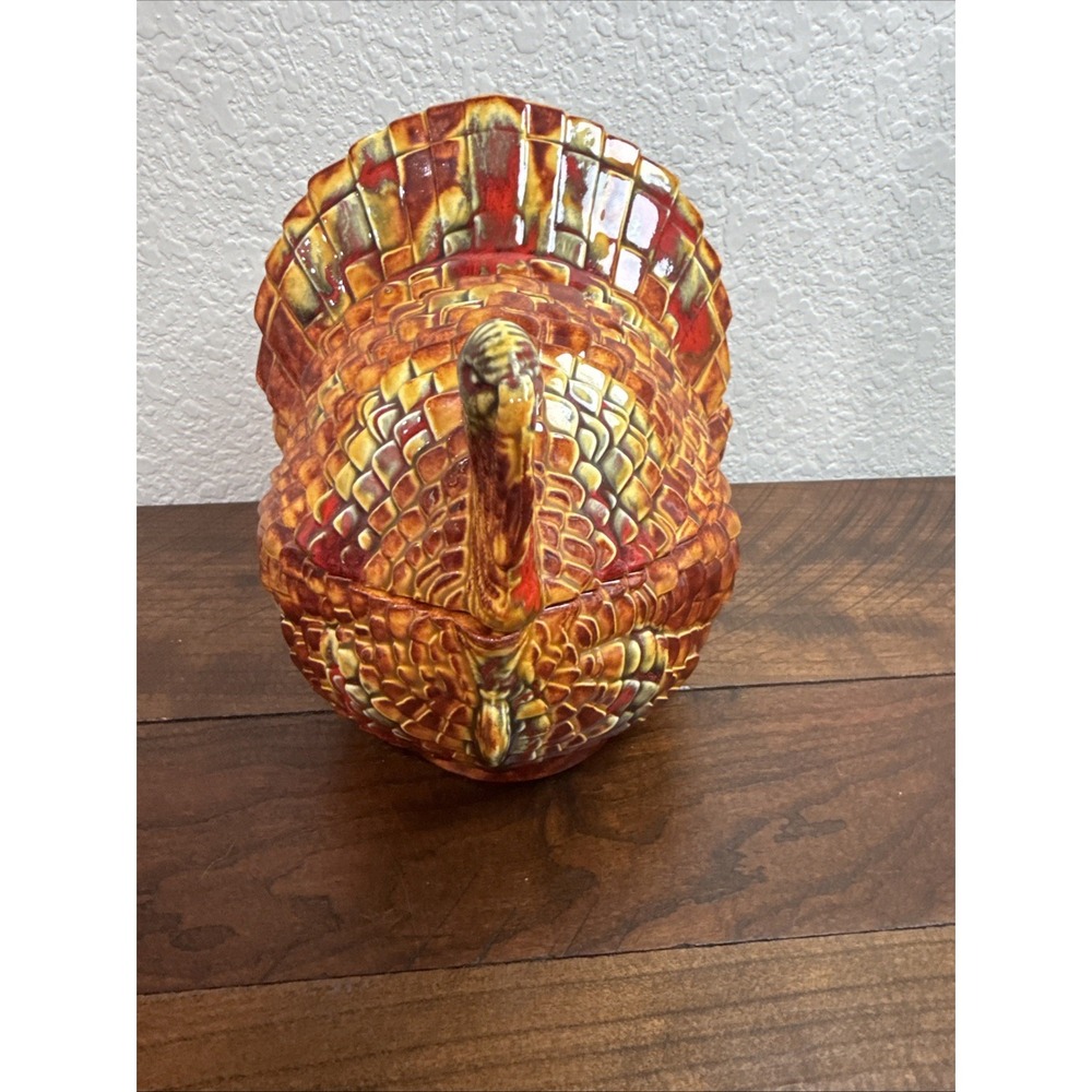 Vintage Ceramic Turkey Candy Dish Thanksgiving Drip Glaze Lidded Jar Brown 7in